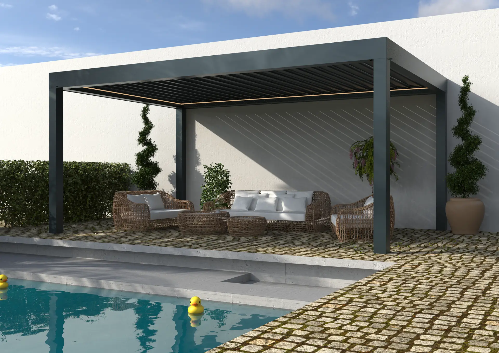 Pérgola bioclimática AZULE PLUS BIO en gris antracita RAL 7016 con las lamas abriéndose