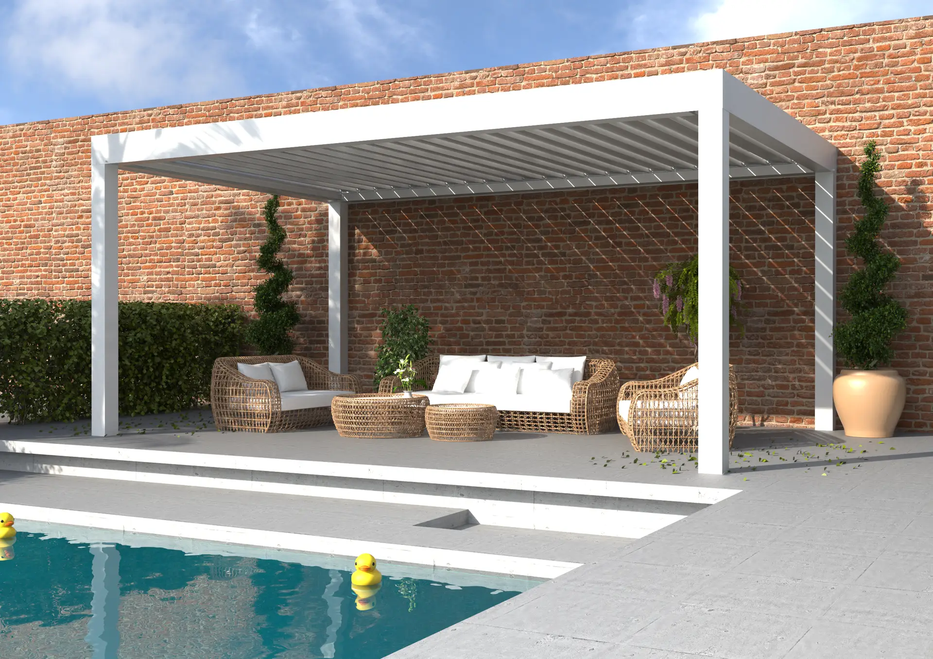 Pérgola AZULE PLUS BIO en blanco con las lamas empezando a abrirse