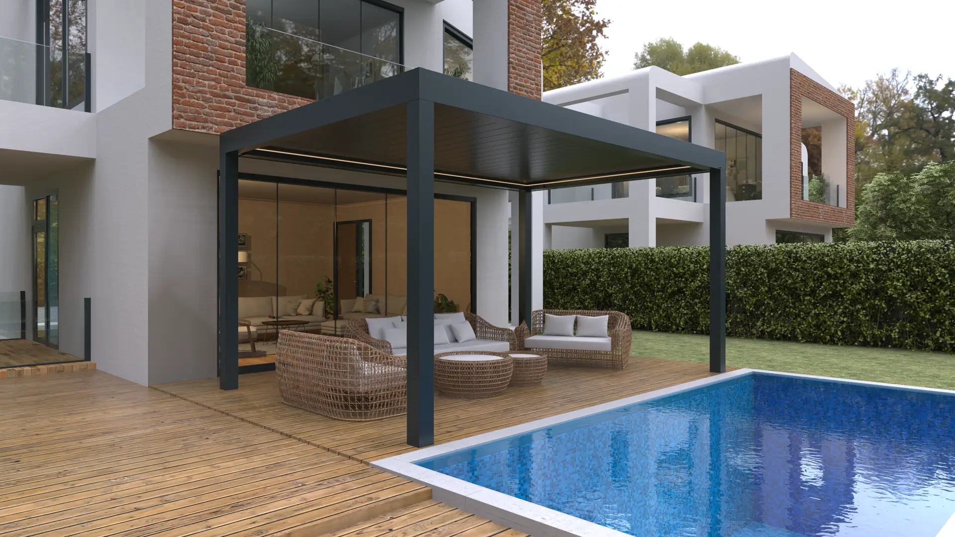 Pérgola AZULE PLUS BIO cerrada como porche, en RAL 7016