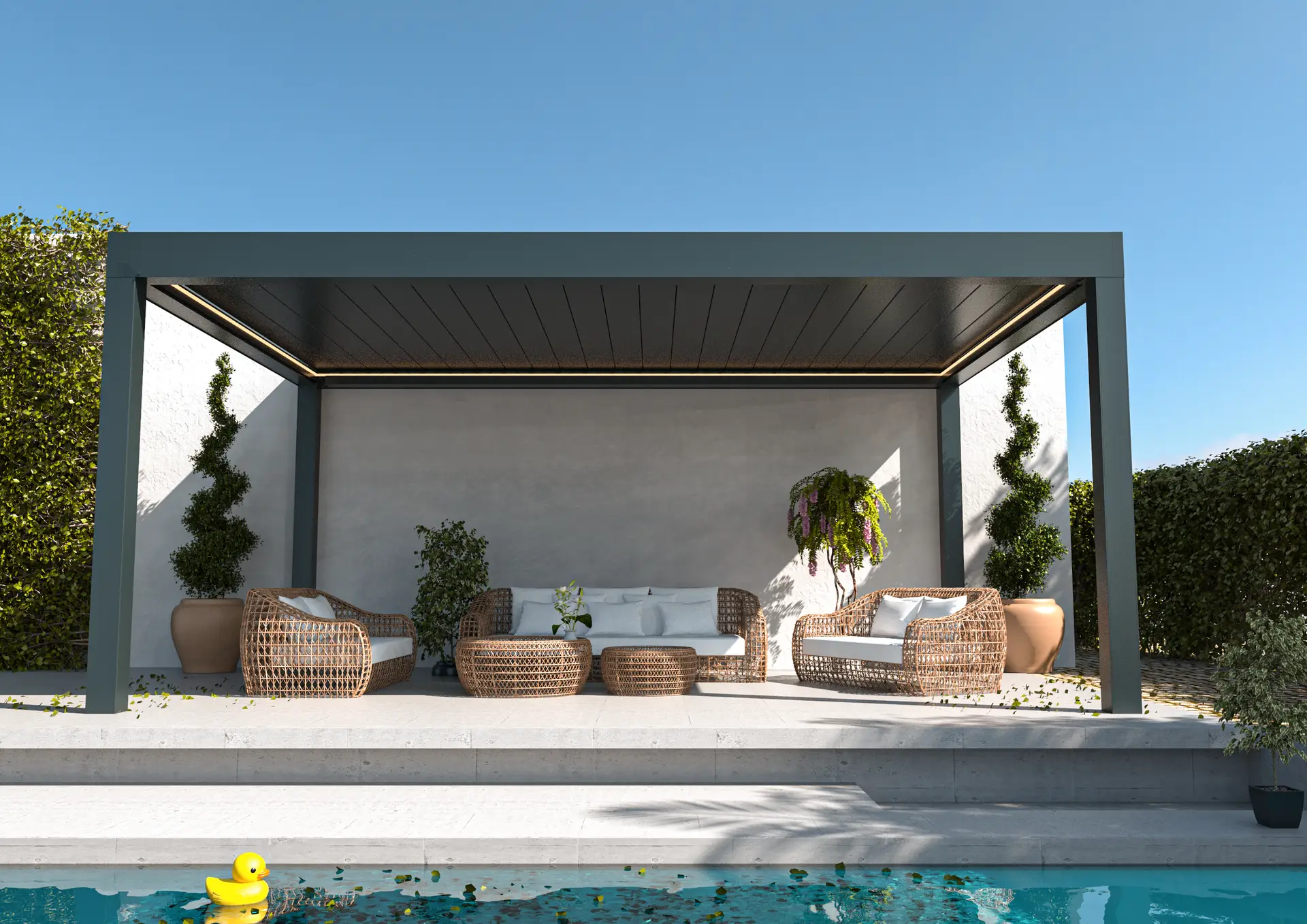 Propuesta de pérgola bioclimática AZULE PLUS BIO en RAL 7016 vista desde abajo