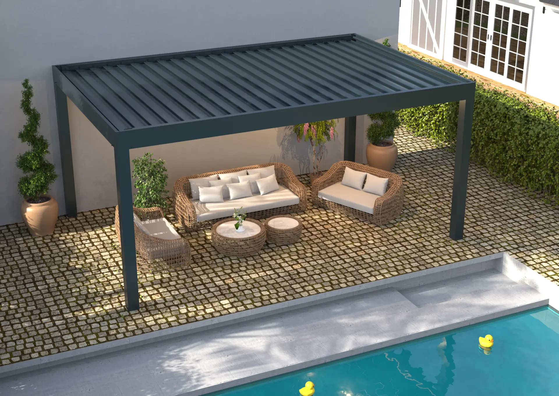 Pérgola AZULE PLUS BIO cerrada con la iluminación LED encendida