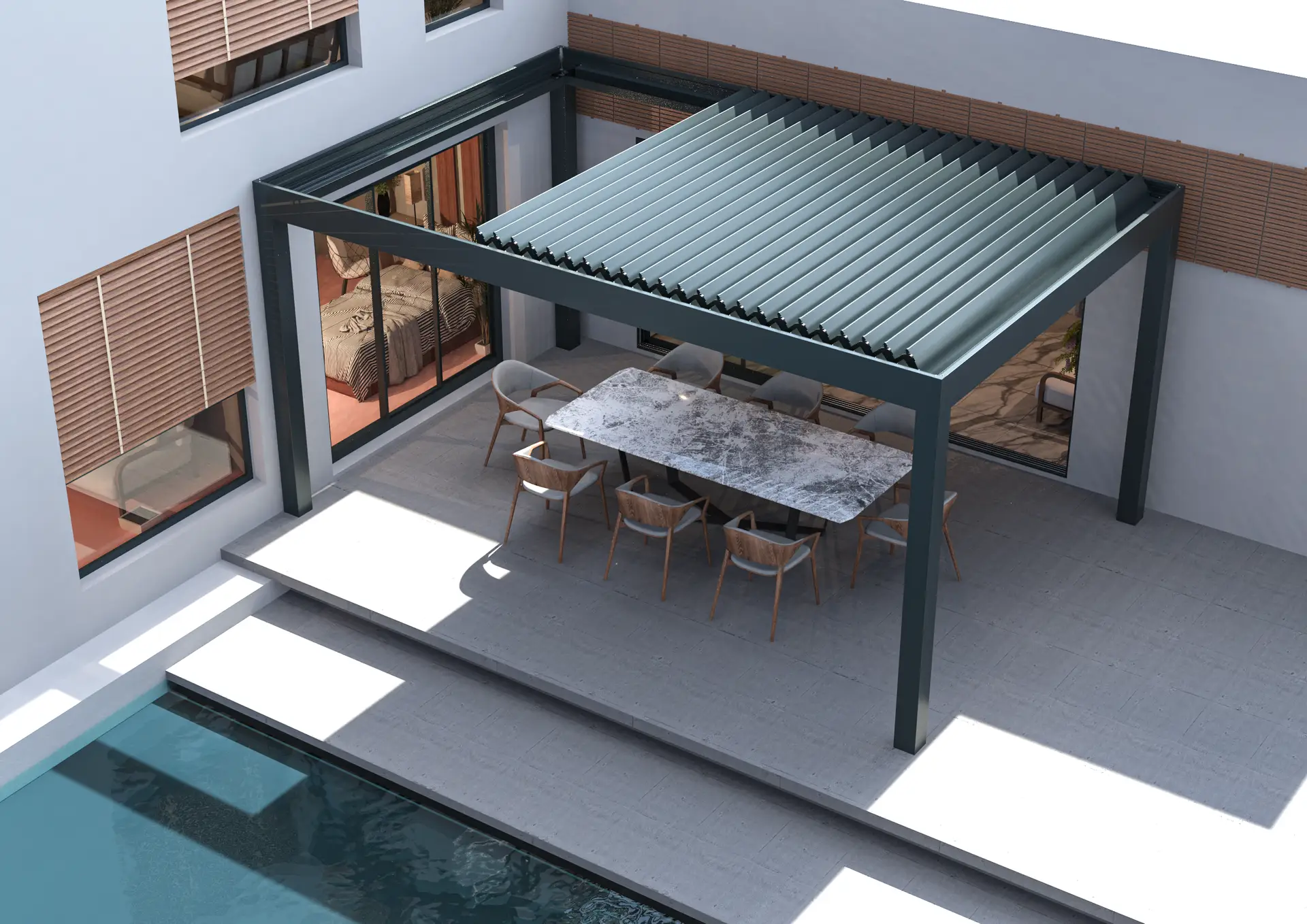 Pérgola AZULE PLUS SKY con techo parcialmente abierto sobre una terraza junto a la piscina