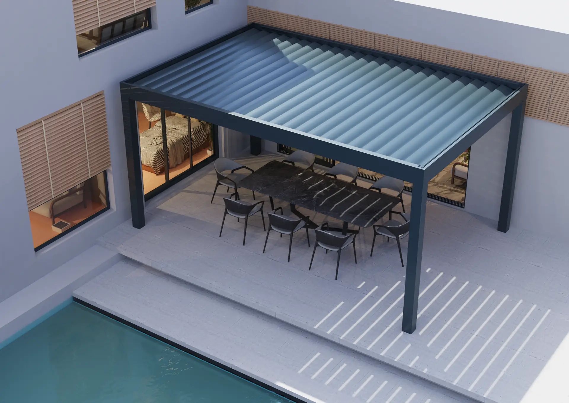Vista superior de la pérgola AZULE PLUS SKY junto a una piscina