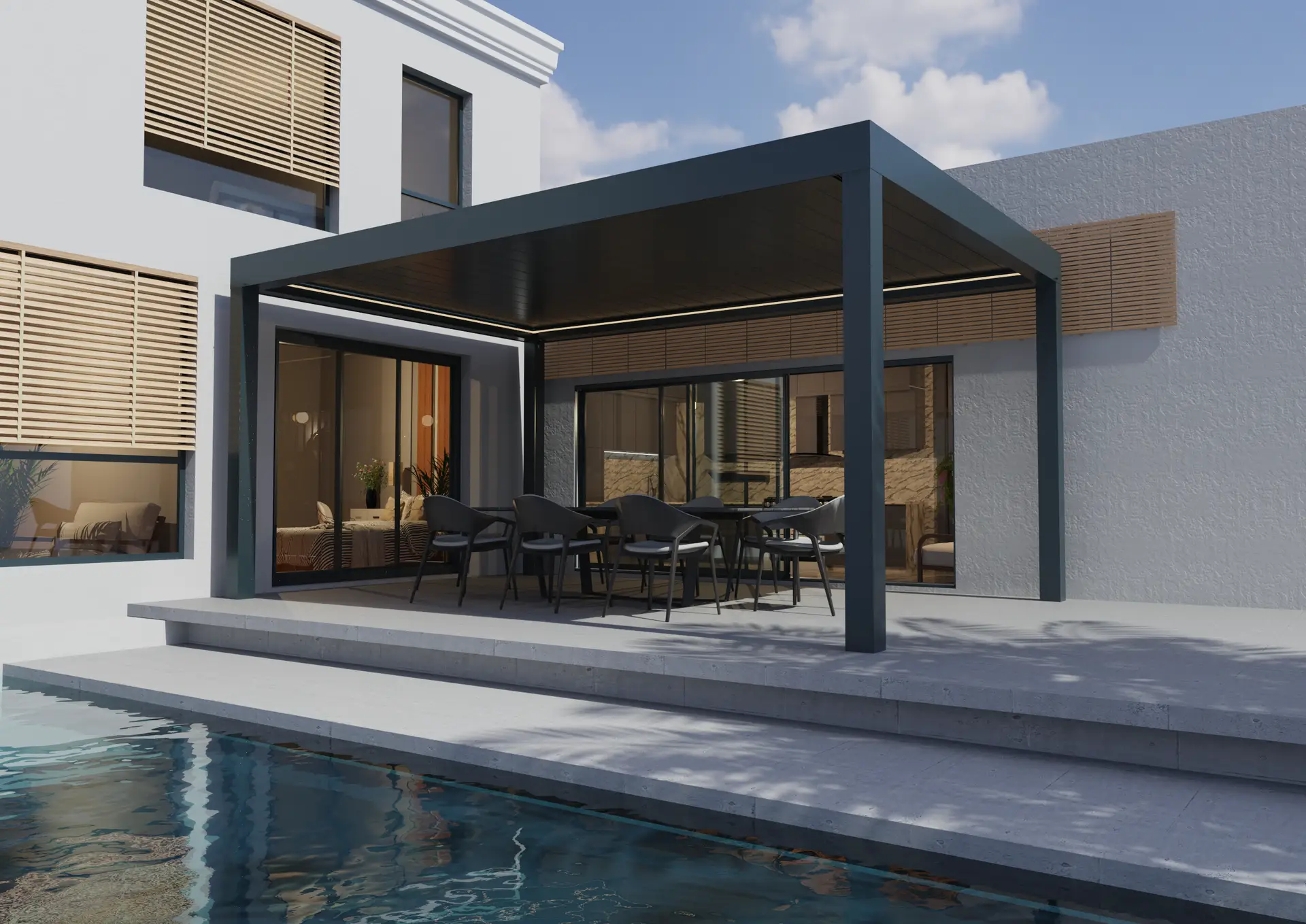 Pérgola AZULE PLUS SKY con el techo cerrado junto a la piscina